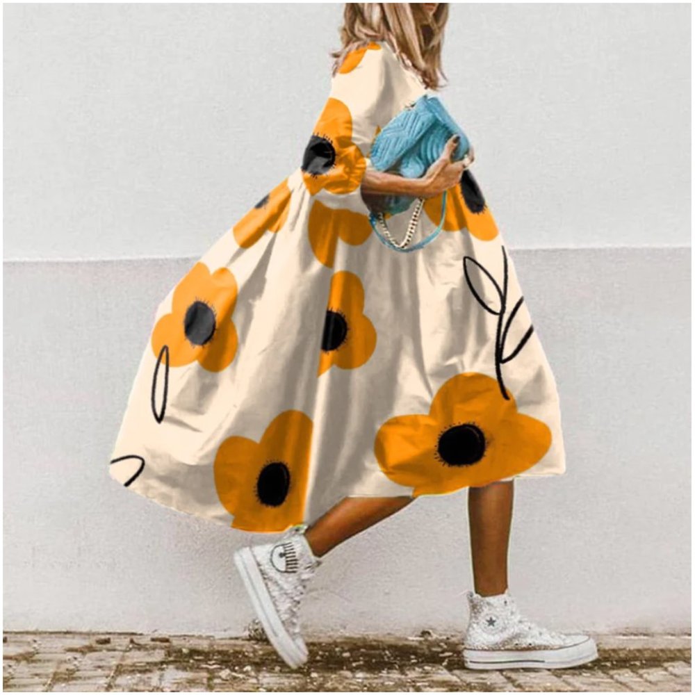 VChics Trendy Floral Printed 3/4 Sleeve Loose Midi Dress